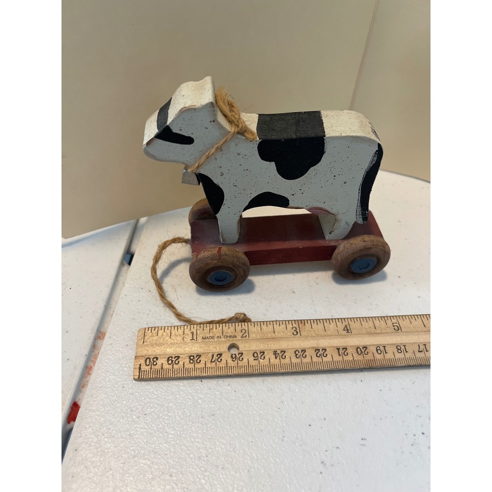 Vintage Style Wooden Cow Pull Toy Farmhouse Folk Art Decor Black White Spotted - Picture 3 of 3
